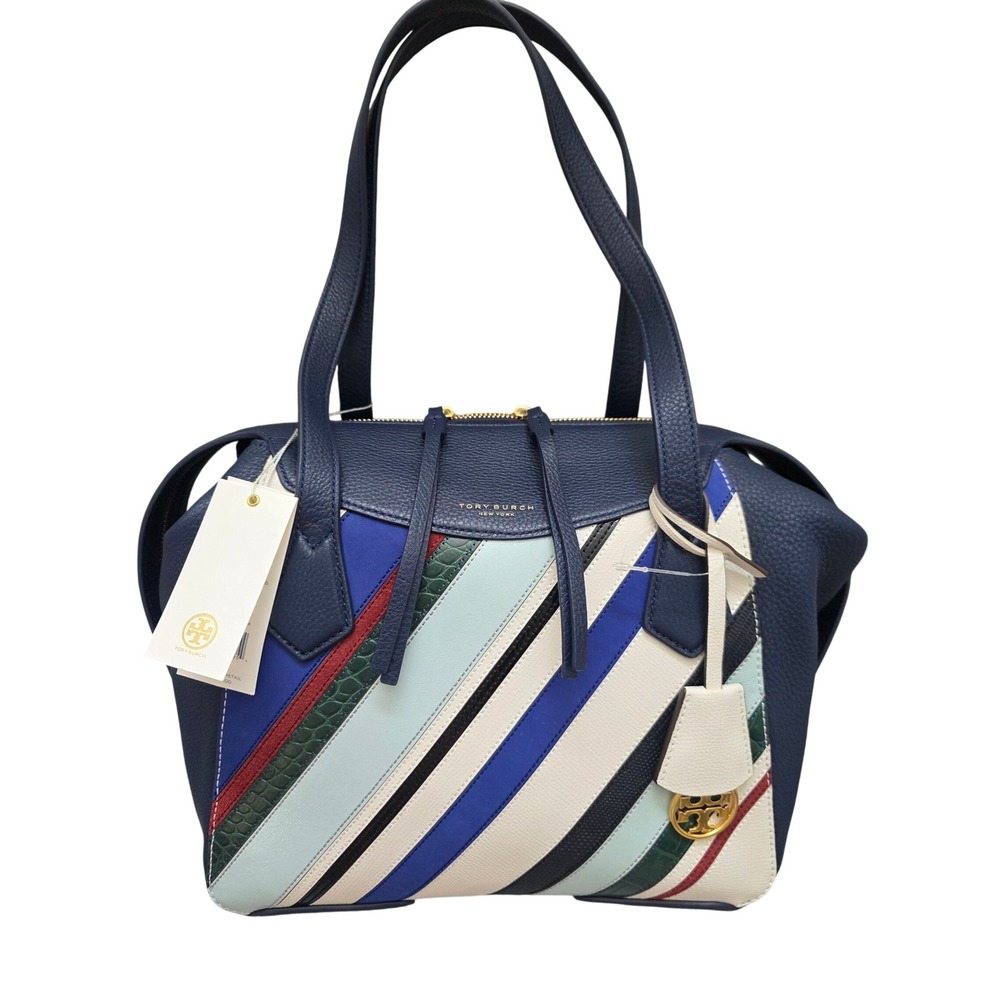 Tory Burch Perry Balloon Stripe Satchel OS Navy Blue Leather Multi Shoulder Bag
